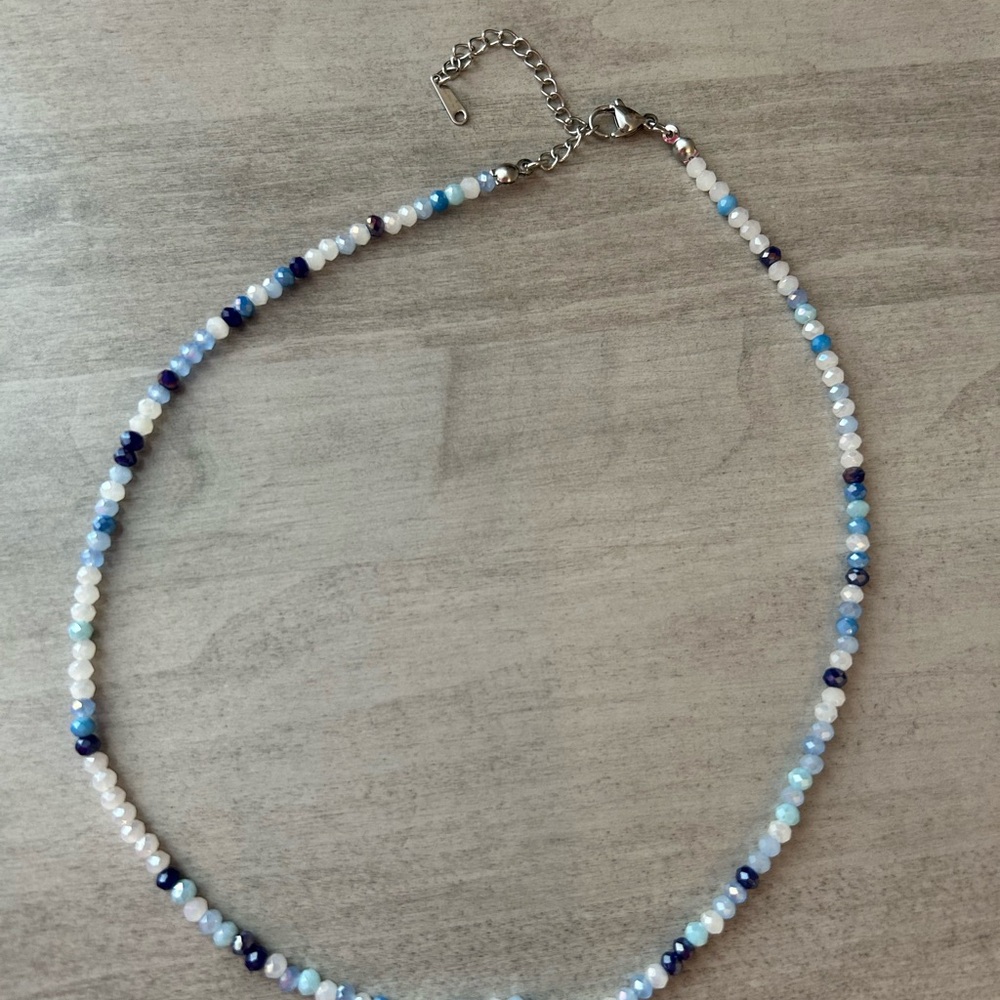 Aerie Blue and White Beaded Necklace with Elegant Silver Clasp